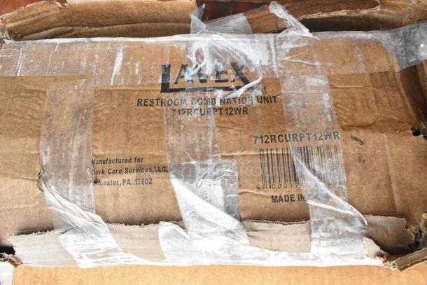 Cardboard box labeled "Lavex Restroom Combination Unit 712RCURPT12WR," for Clark Core Services, Lancaster, PA.