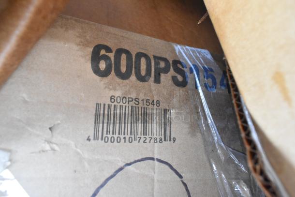 Cardboard box with visible part number "600PS1548" and barcode. Contains 12 scratch and dent items including a table base, sink, and pot rack.