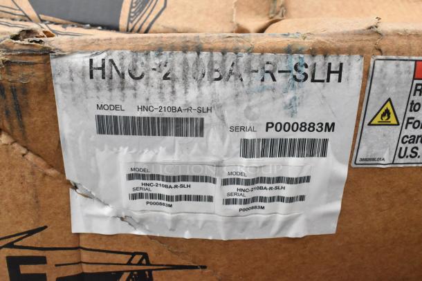 Label on box for Hoshizaki HNC-210BA-R-SLH Curved Glass Refrigerated Sushi Display Case, Model and Serial visible.