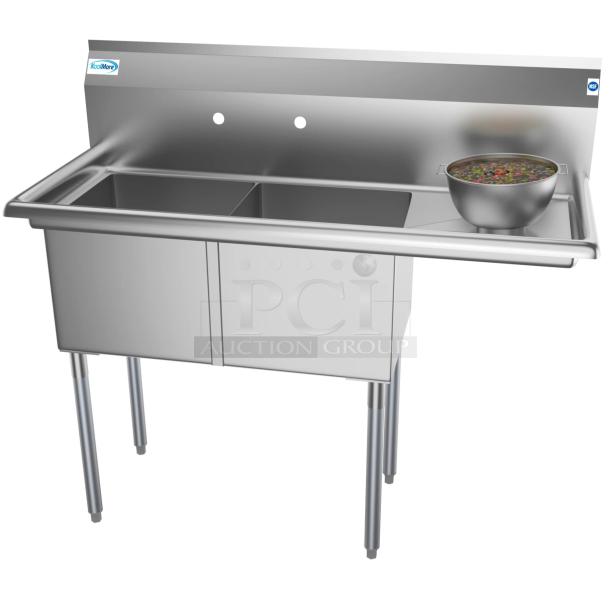 KoolMore 48" stainless steel commercial sink, two compartments, drainboard, brand new scratch and dent, bowl 15"x15"x12".
