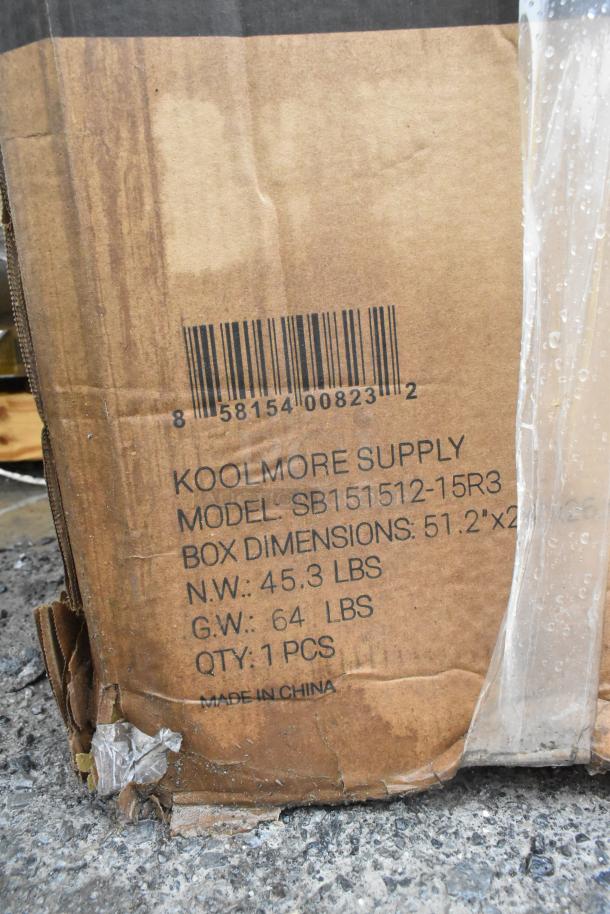 KoolMore SB151512-15R3 stainless steel sink box with item labels, model, dimensions, and weight marked. Scratch and dent.