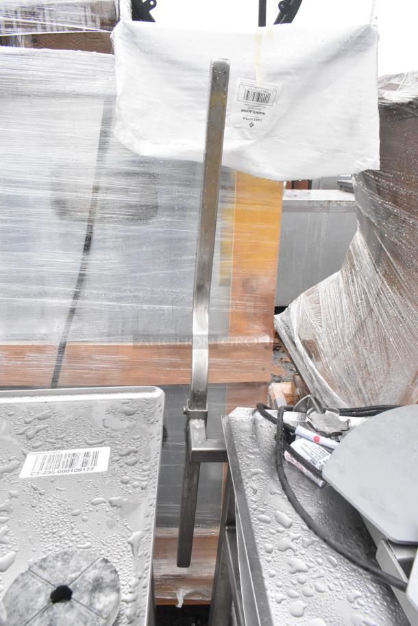 Face to Face commercial meat slicer equipment stand, stainless steel, durable, ideal for busy kitchens, barcode label visible.