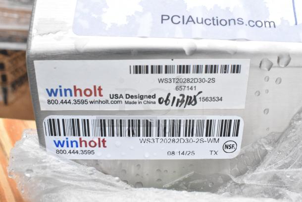 Close-up of Winholt WS3T20282D30-2S label on a commercial 3-bay sink, showing model number and USA design, with barcode.