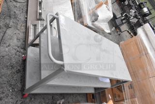 Brand new Lavex 257FSUC24483 steel utility cart with three shelves, 48"x24"x35", fully welded, visible scratches, and dents.