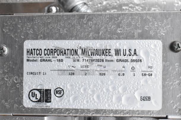 Hatco Glo Ray Strip Warmer label, Model GRAHL-18D, 120V, 1 Phase, includes UL and NSF certifications, made June 2020.