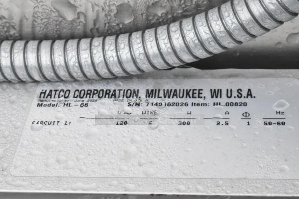 Hatco Glo Ray Strip Warmer plate showing model HL-66, 120 volts, 1 phase, made in USA, serial number 7140162026.