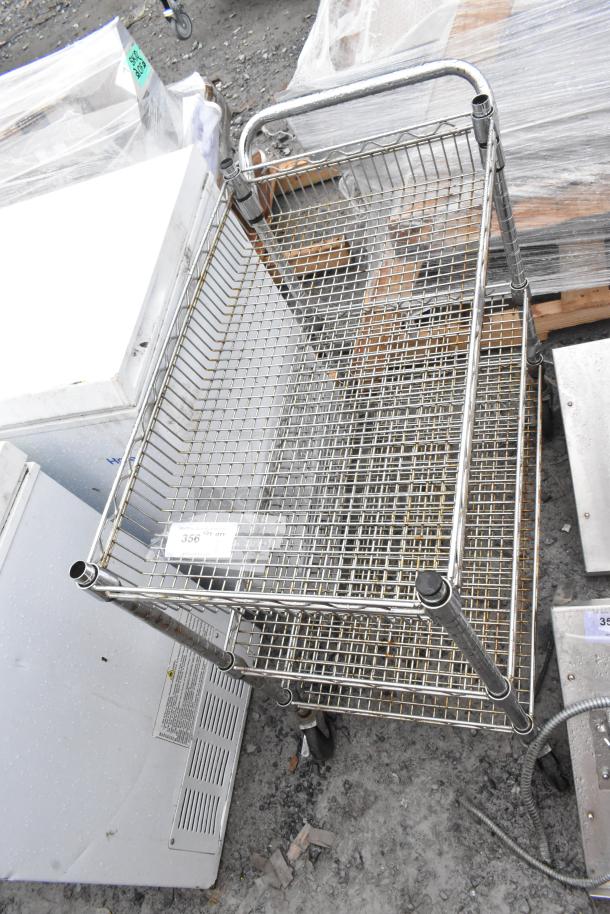 Chrome finish 3-tier wire shelf cart with commercial casters, featuring sturdy construction and visible pricing label.