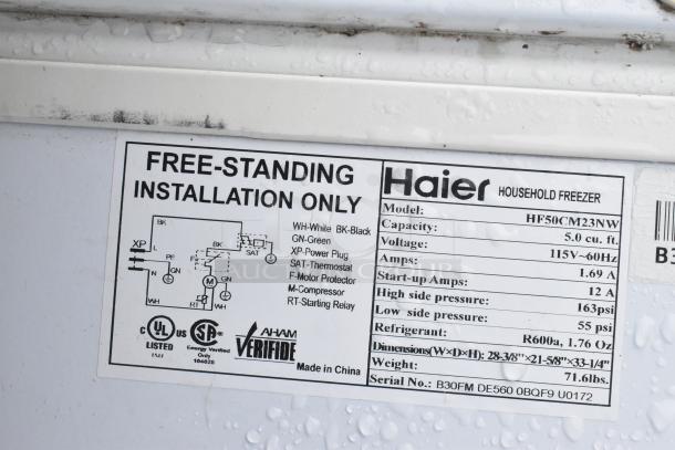 2 Haier HF50CM23NW Chest Freezers, 5.0 cu. ft., 115V, R600a refrigerant, UL listed, for auction.