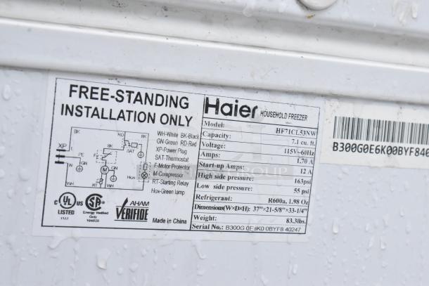 Label on Haier chest freezer HF71CL53NW, 7.1 cu. ft., 115V, with installation and electrical details.
