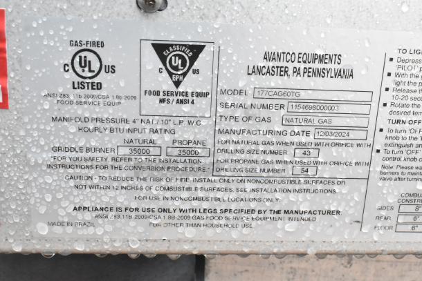2024 Avantco 177CAG60TG 60" gas griddle label with thermostatic controls, 175,000 BTU, made in Brazil, serial 1154698000003.