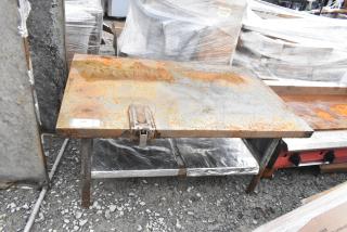 Commercial equipment stand with can opener mount and undershelf, rusted surface, suitable for kitchen use. Tag indicates item 359.
