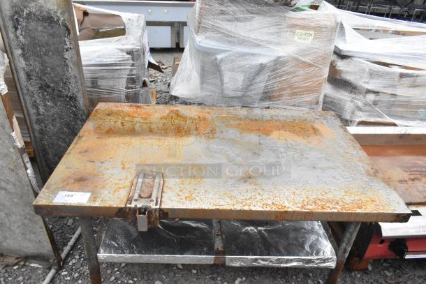 Commercial equipment stand with can opener mount, visible rust, and under shelf. Auction tag showing item 359.