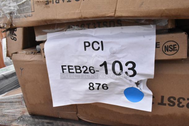 Auction lot of 12 new scratch and dent items including tray slide, work table, speed rail. Marked FEB26-103, NSF certified.