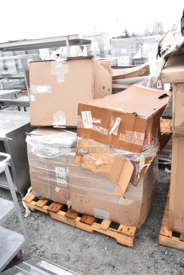 Four brand new, scratch and dent items, including bread tray dolly and bar stool frame, in damaged boxes on pallet.