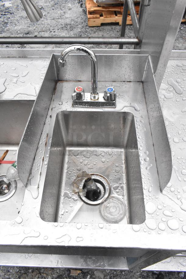 Commercial prep station with a single bay hand sink, stainless steel, condition shows water droplets, includes under and over shelves.