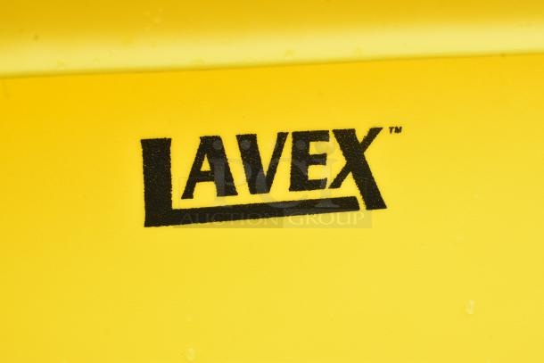 Lavex 475UTT10HNDL yellow poly tilt truck logo, 1 cubic yard capacity, durable design, ideal for industrial use.