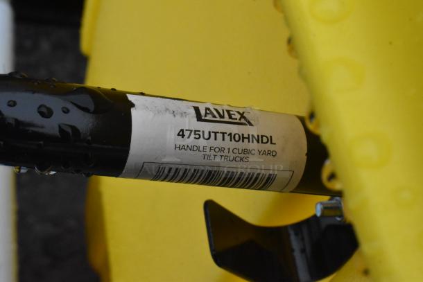 Lavex 475UTT10HNDL yellow poly tilt truck handle label, indicating use for 1 cubic yard tilt trucks.
