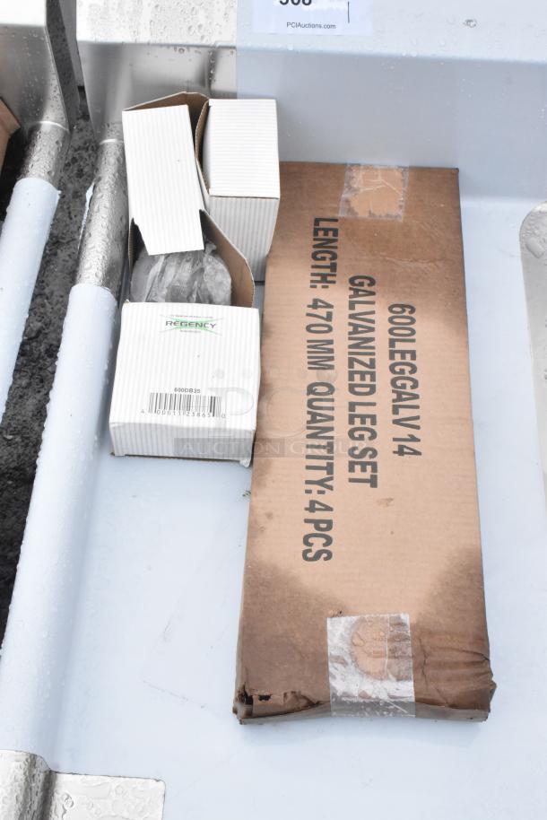 Regency 600S31824218 Commercial 3 Bay Sink, brand new, with scratches and dents. Includes galvanized leg set, 470mm, 4 pieces.