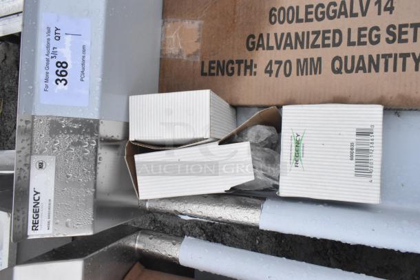 Regency 600S31824218 commercial 3 bay sink, new with minor scratches, includes galvanized leg set, NSF certified, tags visible.