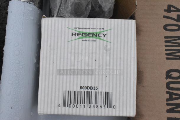 Regency commercial 3 bay sink, brand new scratch and dent, model 600S31824218 shown in packaging with barcode visible.