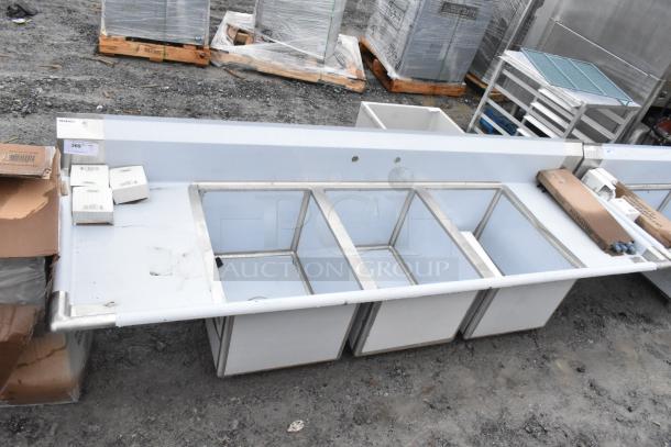 Brand new Regency 600S31824218 commercial 3-bay sink, scratch and dent condition, durable stainless steel.