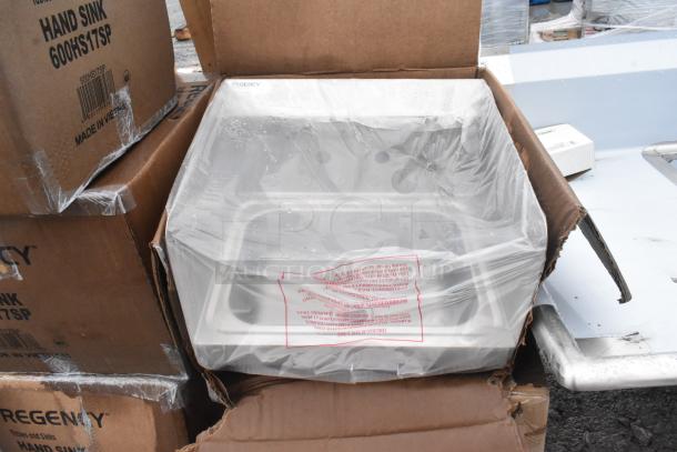 Regency 600HS17SP hand sink, 17"x15", new in box, with gooseneck faucet, side splash, visible packaging labels.