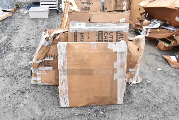 3 BRAND NEW SCRATCH AND DENT items: Regency 30"x30" poly tabletop, Lavex 2-shelf utility cart, in damaged packaging.