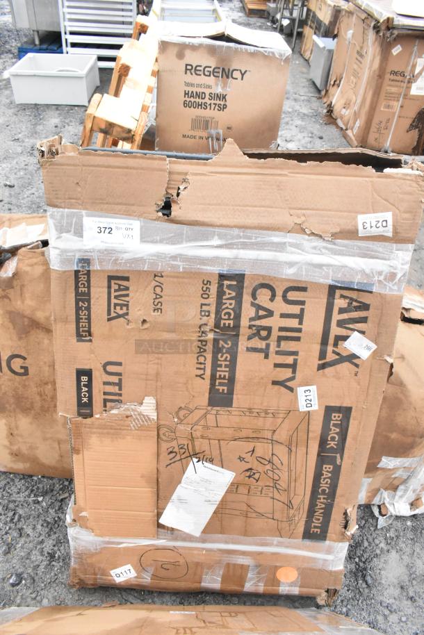 Regency 30"x30" poly table top, Lavex 2-shelf utility cart in damaged packaging. New scratch and dent condition. Labels visible.