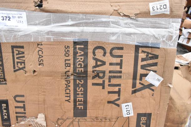 Lavex 2-shelf utility cart in damaged packaging, 550 lb capacity, black, 40.75"x25.5"x33.5", model visible on cardboard.