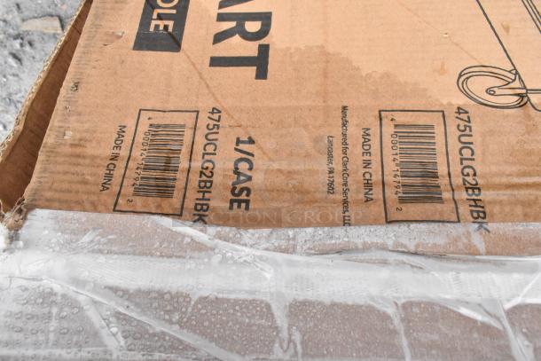 Cardboard packaging with barcode and markings for Lavex cart. Box indicates "1 CASE" and "Made in China". Box shows wear and tear.
