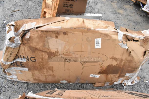 Damaged box of Regency 30" x 30" poly table top with visible wear. Ideal for 30" x 60" table without backsplash.