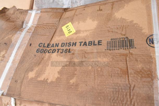 Cardboard box labeled "Clean Dish Table 600CDT36L," showing wear. Part of a lot of 10 new scratch and dent items.