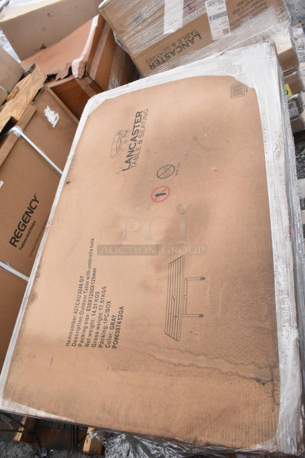 Six brand new scratch and dent outdoor tables by Lancaster Table & Seating. Packaging shows model, dimensions, and color info.