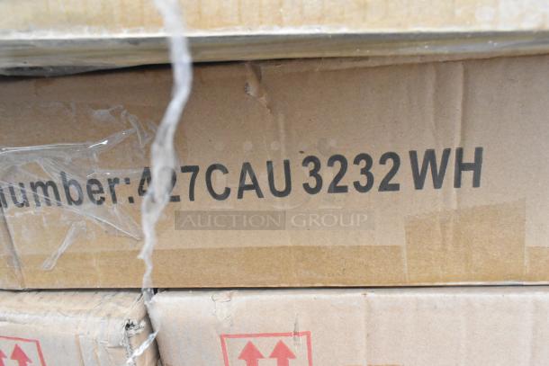 Cardboard box labeled "427CAU3232WH," part of a lot of 15 brand-new, scratch and dent items including outdoor tables.