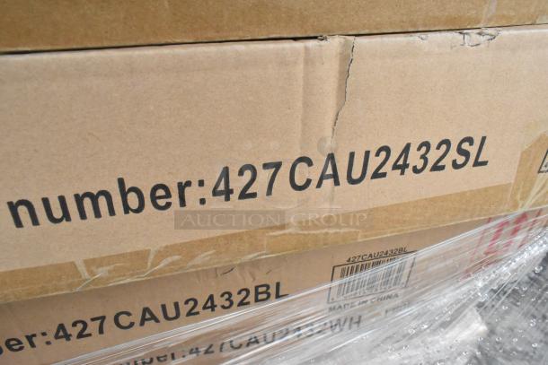 Cardboard boxes with item number 427CAU2432SL, containing 15 brand new scratch and dent items including outdoor tables.