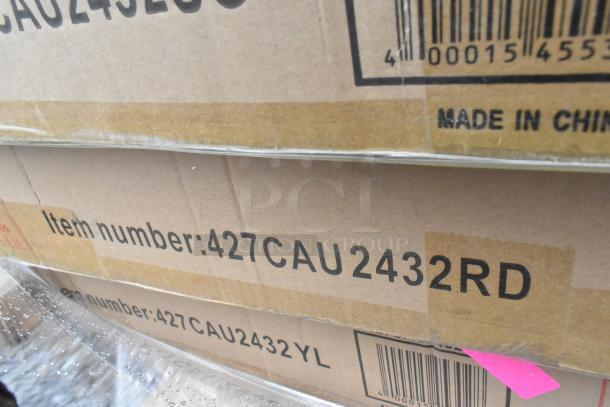 Cardboard boxes marked "Item number: 427CAU2432RD" and "Made in China," indicating new scratch and dent outdoor tables.
