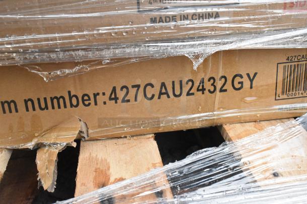 Cardboard boxes marked "427CAU2432GY" on a pallet, wrapped in plastic, labeled "Made in China." Scratch and dent condition.