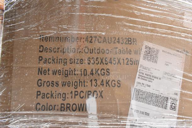 Box labeled "Outdoor Table," 635x645x125mm, net weight 10.4kg, color brown, wrapped in plastic, shipping label visible.