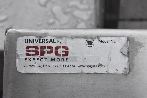 Commercial table label showing "Universal by SPG," contact info for Aurora, CO, USA. Marked NSF, model number faded.
