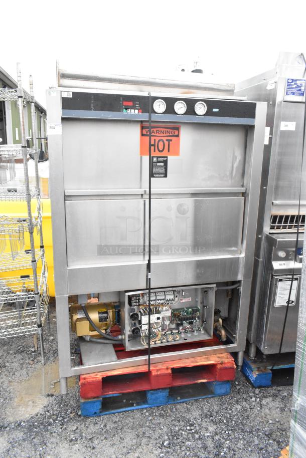 Douglas SD-20-ELEL commercial pot and pan washer, stainless steel, front load, 480V, 3-phase, warning label "HOT".