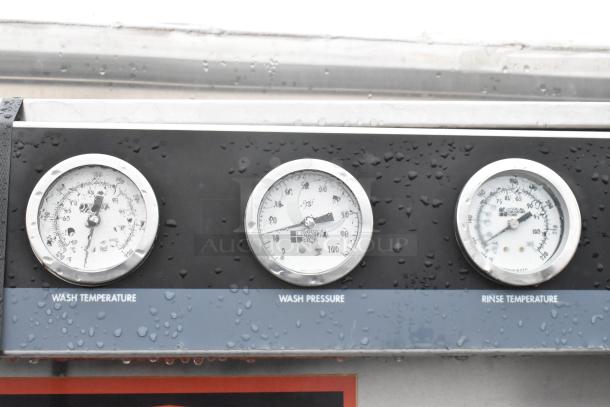 Douglas SD-20-ELEL pot and pan washer panel with wash temperature, wash pressure, and rinse temperature gauges.
