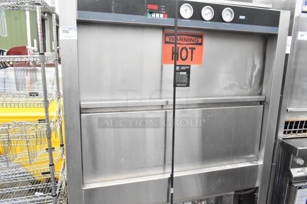 Douglas SD-20-ELEL commercial pot and pan washer, front load, 480 volts, 3 phase, with "Warning Hot" sign, in used condition.