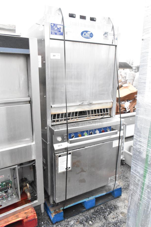LVO FL14E stainless steel commercial pot and pan washer, front load, 460V, 3-phase, in good condition with control panel.
