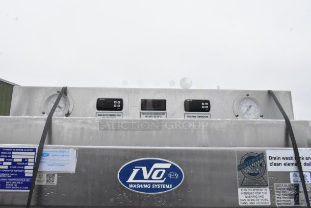 LVO FL14E stainless steel commercial pot and pan washer, model FL14E, 460V 3 phase, front controls, temperature gauges, labeled.