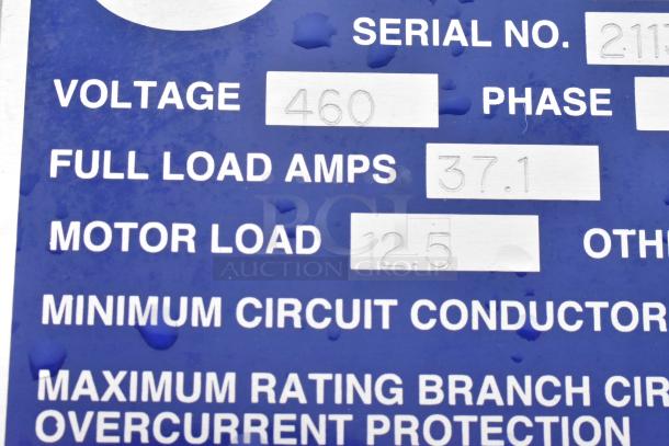 LVO FL14E commercial pot and pan washer label showing 460 volts, 3-phase, 37.1 amps and motor load 12.5.