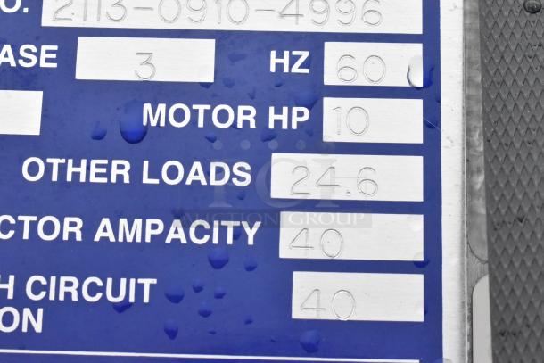 LVO FL14E stainless steel pot and pan washer model label showing motor HP 10, 460 volts, 3 phase.