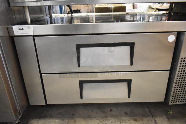 2018 True TRCB-48 commercial chef base, 2 drawers, stainless steel, on casters, 115V, 1 Phase. Auction tag visible.