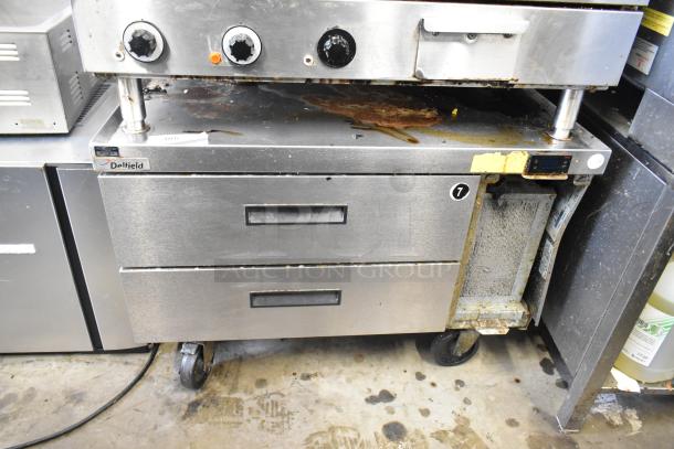 2017 Delfield F2936CP 2 Drawer Chef Base, commercial casters, 115V, 1 phase, visible wear, Delfield branding.
