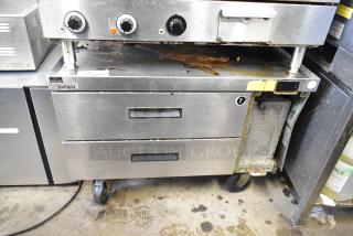 2017 Delfield F2936CP 2 Drawer Chef Base, commercial casters, 115V, 1 phase, visible wear, Delfield branding.