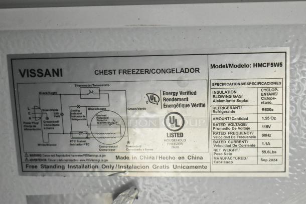 Vissani HMCF5W5 chest freezer label showing manual defrost, 5.0 cu. ft. capacity, UL listed, 115V, 1 phase, made in China.